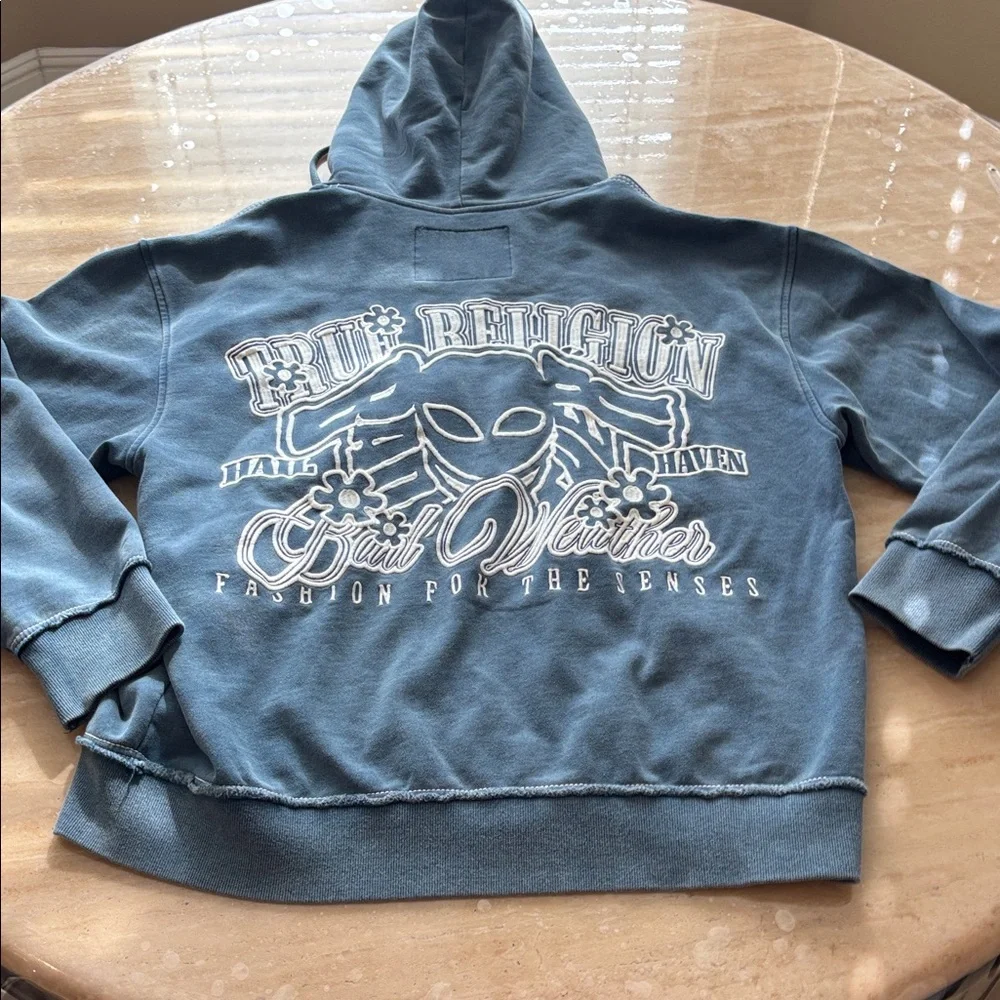 True Religion Blue Hoodie with Embroidered Logo. Unisex